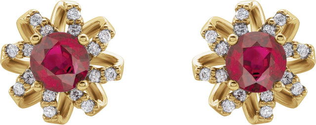 14K Gold Natural Ruby Round 4-Prong Halo-Style Twist Earrings - Yellow Gold - view 2