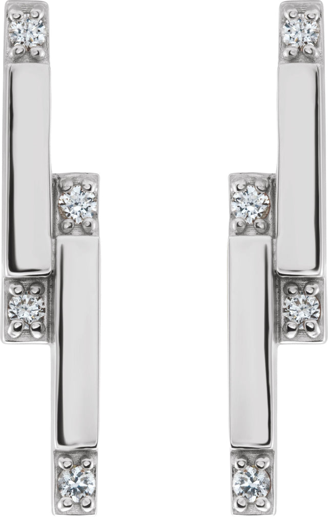 14K Gold Round Natural Diamond Accented Bar Earrings – 1.5mm Stones - White Gold - view 2