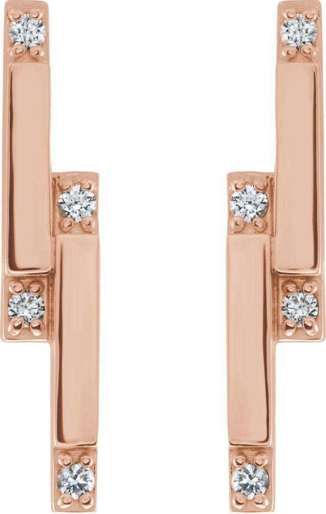 14K Gold Round Natural Diamond Accented Bar Earrings – 1.5mm Stones - Rose Gold - view 2