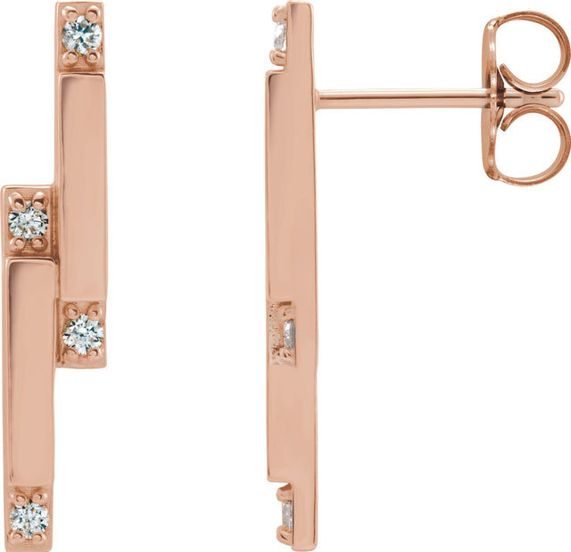14K Gold Round Natural Diamond Accented Bar Earrings – 1.5mm Stones - Rose Gold