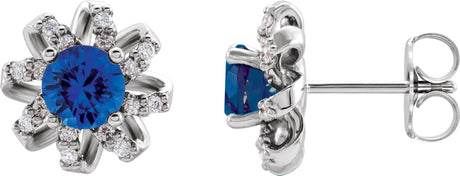 Platinum Natural Blue Sapphire Round 4-Prong Halo-Style Twist Earrings