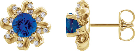 14K Gold Lab-Grown Blue Sapphire Round 4-Prong Halo-Style Twist Earrings - Yellow Gold