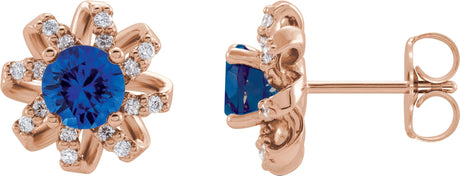 14K Gold Natural Blue Sapphire Round 4-Prong Halo-Style Twist Earrings - Rose Gold