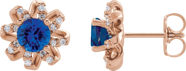 14K Gold Natural Blue Sapphire Round 4-Prong Halo-Style Twist Earrings - Rose Gold