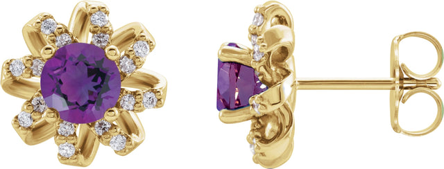 14K Gold Natural Amethyst Round 4-Prong Halo-Style Twist Earrings - Yellow Gold