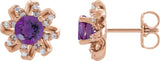 14K Gold Natural Amethyst Round 4-Prong Halo-Style Twist Earrings - Rose Gold