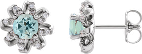 14K Gold Natural Aquamarine Round 4-Prong Halo-Style Twist Earrings - White Gold