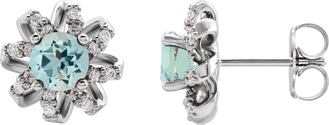 14K Gold Natural Aquamarine Round 4-Prong Halo-Style Twist Earrings - White Gold