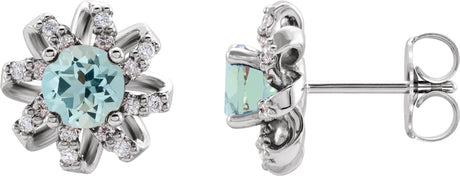 Platinum Natural Aquamarine Round 4-Prong Halo-Style Twist Earrings