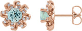 14K Gold Natural Aquamarine Round 4-Prong Halo-Style Twist Earrings - Rose Gold