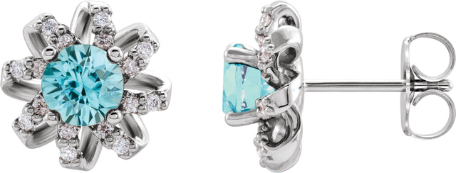 14K Gold Natural Blue Zircon Round 4-Prong Halo-Style Twist Earrings - White Gold