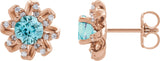 14K Gold Natural Blue Zircon Round 4-Prong Halo-Style Twist Earrings - Rose Gold