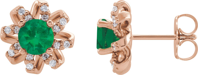 14K Gold Natural Emerald Round 4-Prong Halo-Style Twist Earrings - Rose Gold