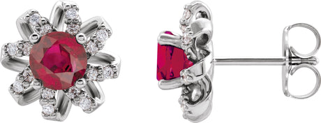 14K Gold Natural Ruby Round 4-Prong Halo-Style Twist Earrings - White Gold
