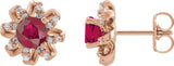 14K Gold Natural Ruby Round 4-Prong Halo-Style Twist Earrings - Rose Gold