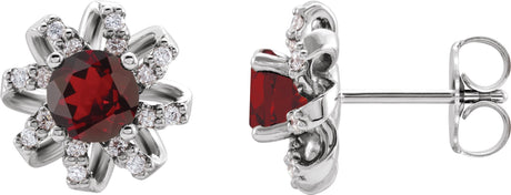14K Gold Natural Mozambique Garnet Round 4-Prong Halo-Style Twist Earrings - White Gold