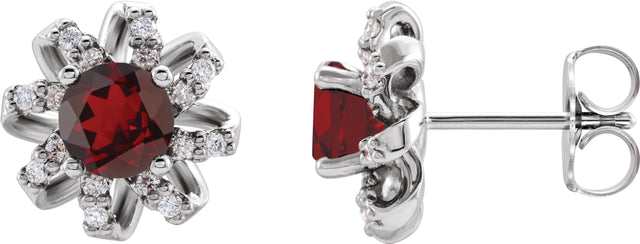 14K Gold Natural Mozambique Garnet Round 4-Prong Halo-Style Twist Earrings - White Gold