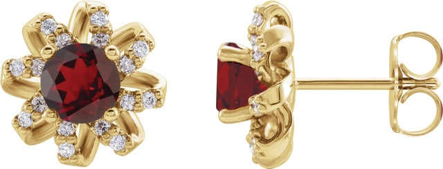 14K Gold Natural Mozambique Garnet Round 4-Prong Halo-Style Twist Earrings - Yellow Gold