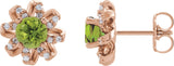14K Gold Natural Peridot Round 4-Prong Halo-Style Twist Earrings - Rose Gold