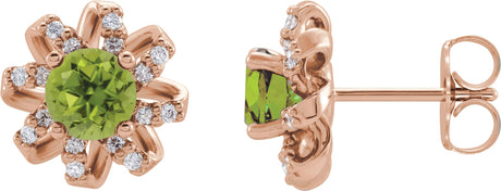 14K Gold Natural Peridot Round 4-Prong Halo-Style Twist Earrings - Rose Gold