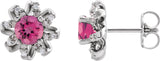 14K Gold Natural Pink Tourmaline Round 4-Prong Halo-Style Twist Earrings - White Gold