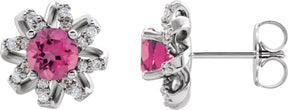 14K Gold Natural Pink Tourmaline Round 4-Prong Halo-Style Twist Earrings - White Gold