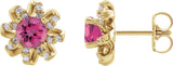 14K Gold Natural Pink Tourmaline Round 4-Prong Halo-Style Twist Earrings - Yellow Gold