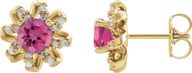 14K Gold Natural Pink Tourmaline Round 4-Prong Halo-Style Twist Earrings - Yellow Gold