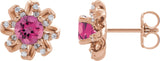 14K Gold Natural Pink Tourmaline Round 4-Prong Halo-Style Twist Earrings - Rose Gold