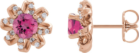 14K Gold Natural Pink Tourmaline Round 4-Prong Halo-Style Twist Earrings - Rose Gold