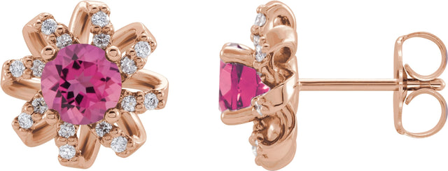 14K Gold Natural Pink Tourmaline Round 4-Prong Halo-Style Twist Earrings - Rose Gold