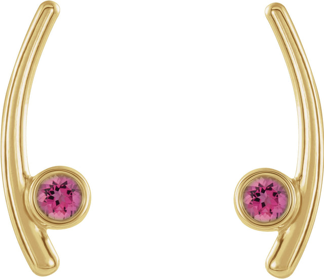 14K Gold Round Natural Pink Tourmaline Bezel-Set Ear Climbers - Yellow Gold - view 2