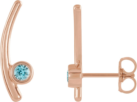 14K Gold Round Natural Aquamarine Bezel-Set Ear Climbers - Rose Gold