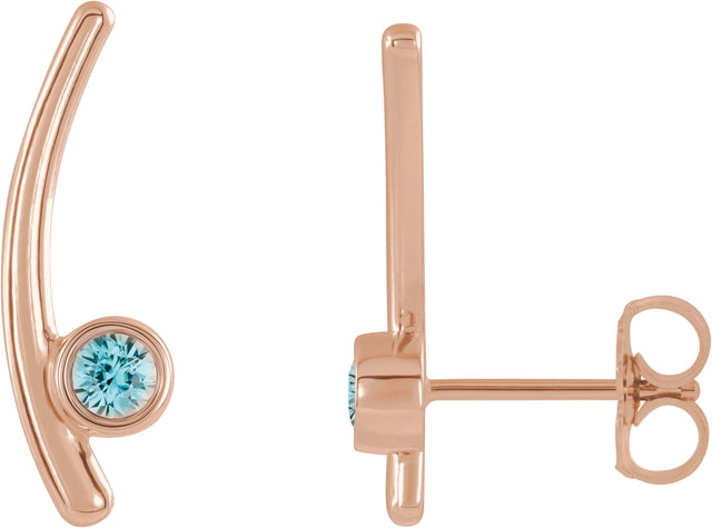14K Gold Round Natural Aquamarine Bezel-Set Ear Climbers - Rose Gold