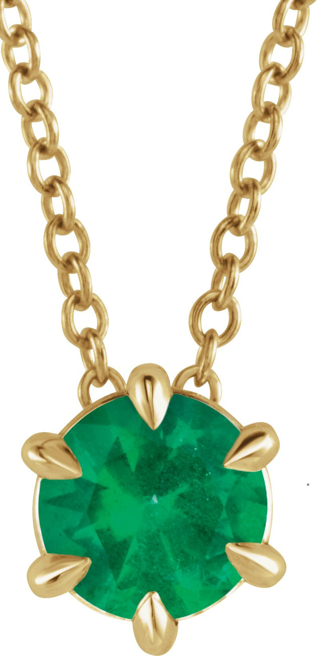 14K Gold Round Natural Emerald Solitaire Necklace or Slide Pendant III - Yellow Gold