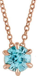 14K Gold Round Natural Blue Zircon Solitaire Necklace or Slide Pendant III - Rose Gold