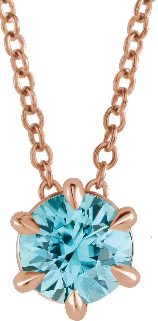 14K Gold Round Natural Aquamarine Solitaire Necklace or Slide Pendant II - Rose Gold