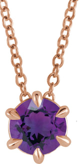 14K Gold Round Natural Amethyst Solitaire Necklace or Slide Pendant II - Rose Gold