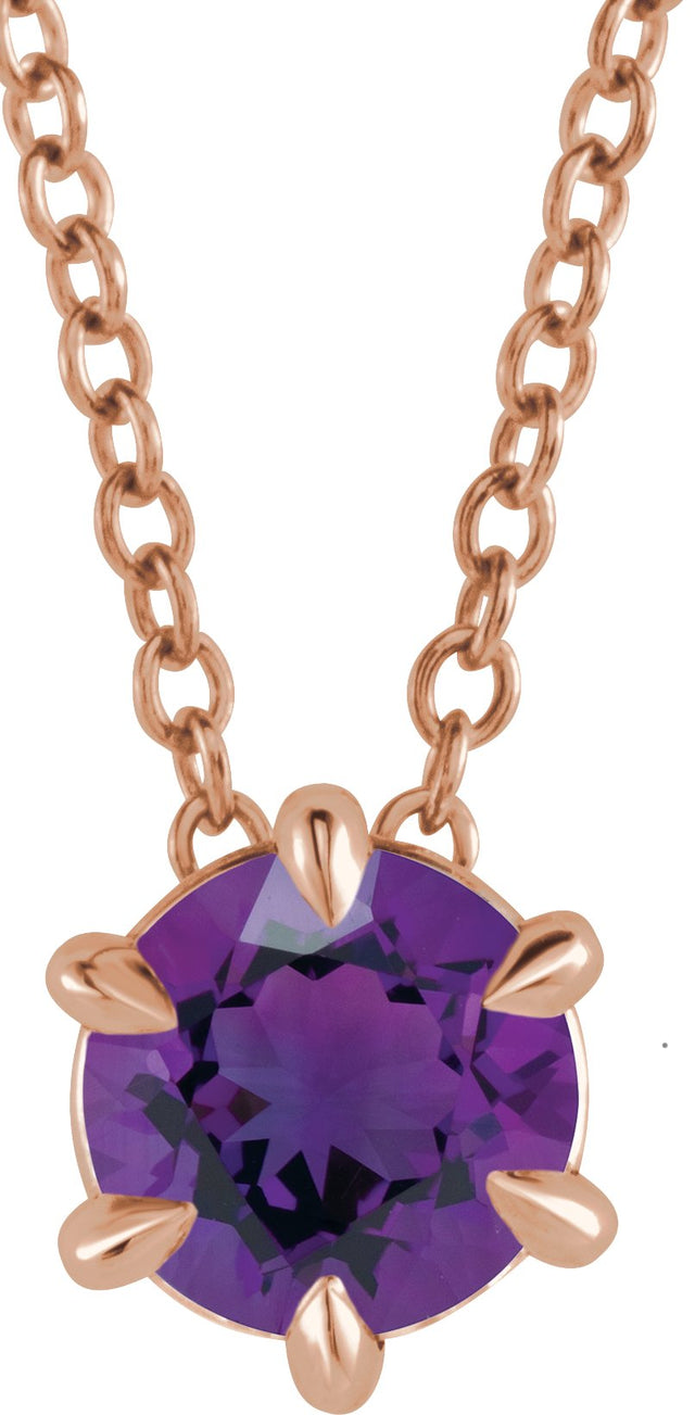 14K Gold Round Natural Amethyst Solitaire Necklace or Slide Pendant II - Rose Gold