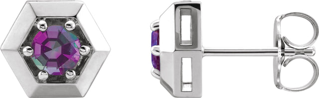 14K Gold Lab-Grown Alexandrite Round 3-Prong Geometric Earrings - White Gold