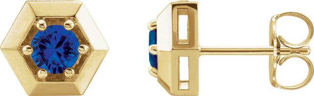 14K Gold Natural Blue Sapphire Round 3-Prong Geometric Earrings - Yellow Gold