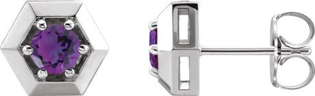 Platinum Natural Amethyst Round 3-Prong Geometric Earrings