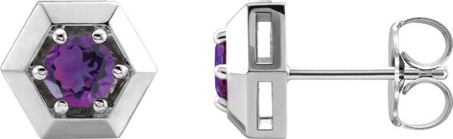 Platinum Natural Amethyst Round 3-Prong Geometric Earrings