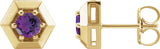 14K Gold Natural Amethyst Round 3-Prong Geometric Earrings - Yellow Gold