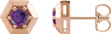 14K Gold Natural Amethyst Round 3-Prong Geometric Earrings - Rose Gold
