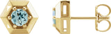 14K Gold Natural Aquamarine Round 3-Prong Geometric Earrings - Yellow Gold