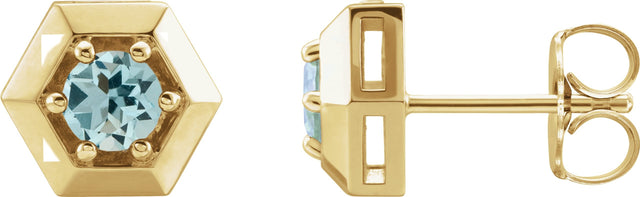 14K Gold Natural Aquamarine Round 3-Prong Geometric Earrings - Yellow Gold