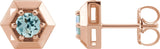 14K Gold Natural Aquamarine Round 3-Prong Geometric Earrings - Rose Gold