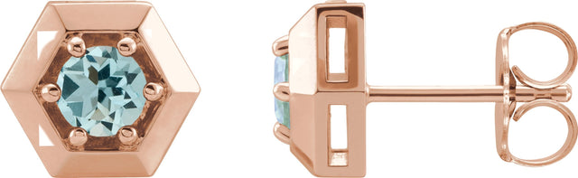 14K Gold Natural Aquamarine Round 3-Prong Geometric Earrings - Rose Gold