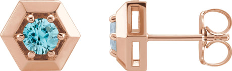 14K Gold Natural Blue Zircon Round 3-Prong Geometric Earrings - Rose Gold